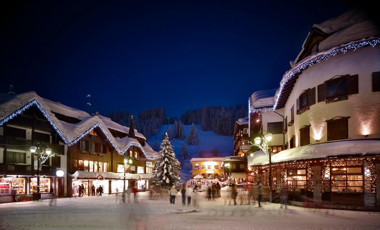 Madonna Di Campiglio ski resort town at night